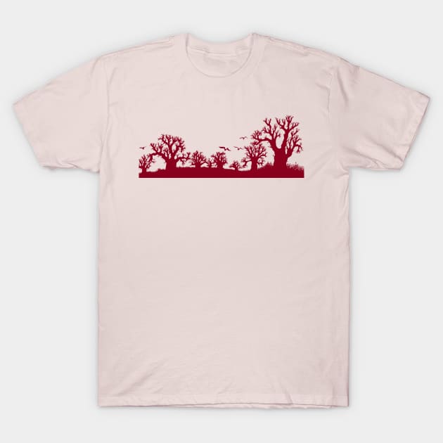 Baobab Trees Silhouette Red and Pink T-Shirt by Tony Cisse Art Originals